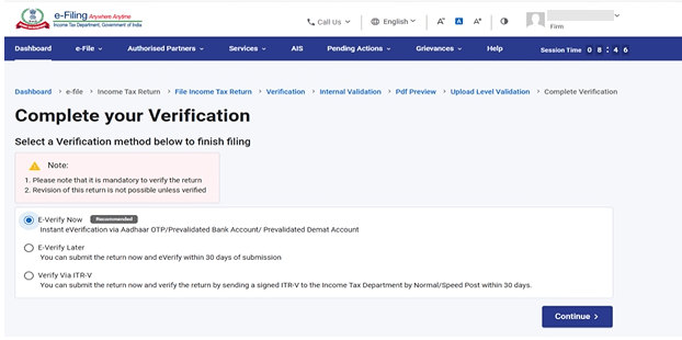 Screenshot of the Complete your Verification page on the income tax portal. It provides options to verify instantly via Aadhaar OTP, bank account, or demat account; verify later; or verify via ITR-V. The Continue button is shown.