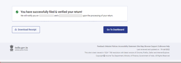 Screenshot of the confirmation page on the income tax filing portal showing the message You have successfully filed & verified your return! with options to Download Receipt or Go To Dashboard.