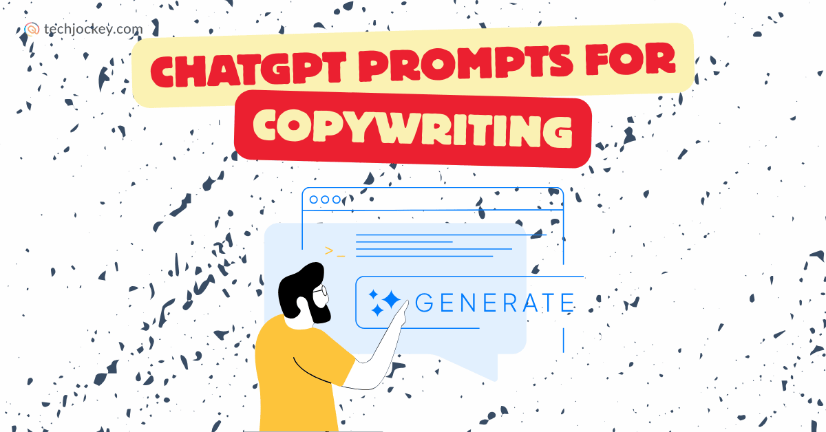Illustration with text ChatGPT Prompts for Copywriting. A person points to a screen with the word "Generate" inside a speech bubble, symbolizing AI-powered content creation.