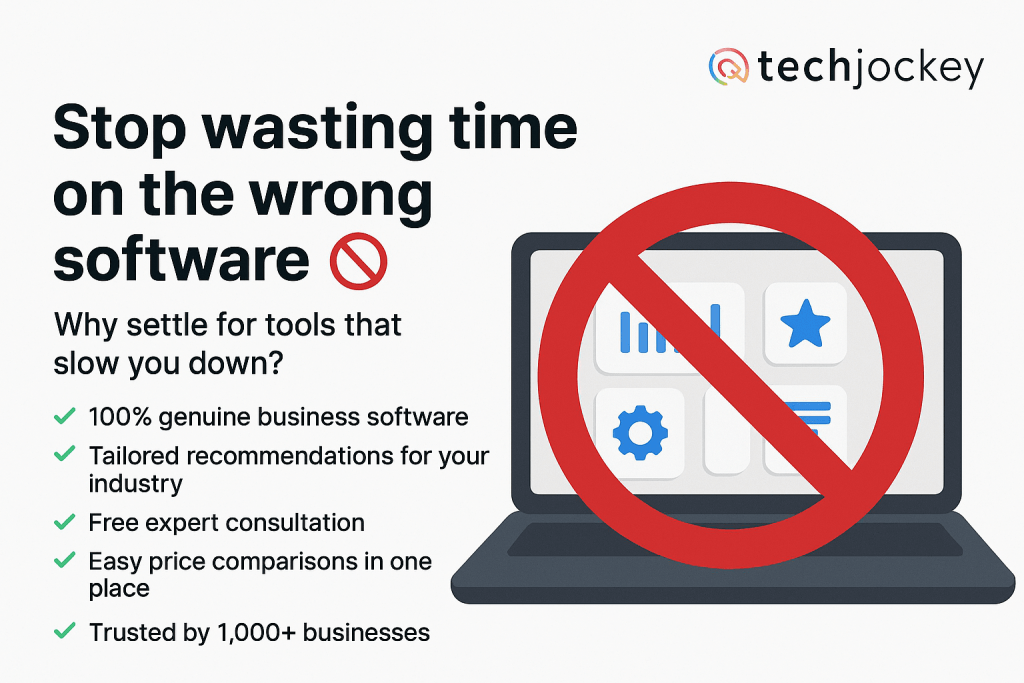 Illustration of a laptop with a red prohibition symbol and text Stop wasting time on the wrong software. Lists benefits like genuine business software, tailored recommendations, expert consultation, and easy price comparisons.