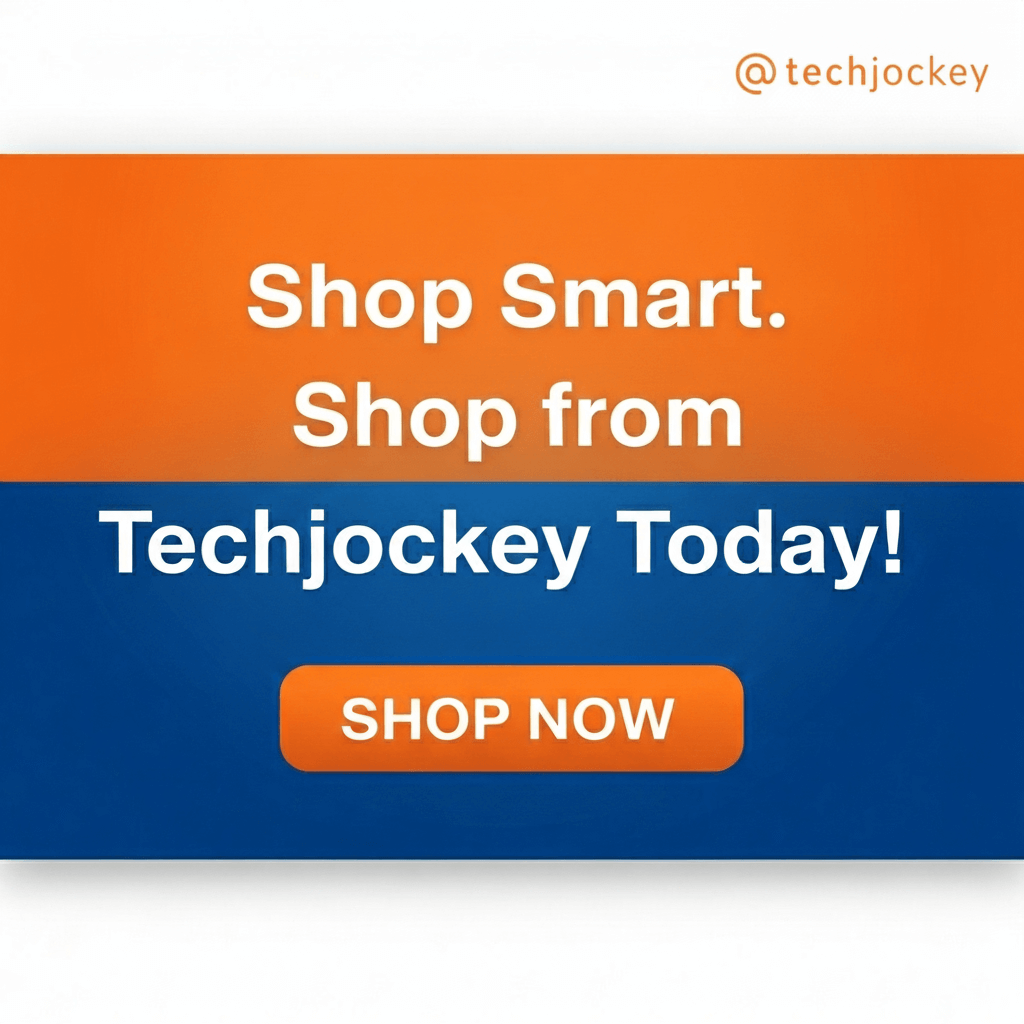 Orange and blue promotional banner with text Shop Smart. Shop from Techjockey Today! and a call-to-action button labeled Shop Now.