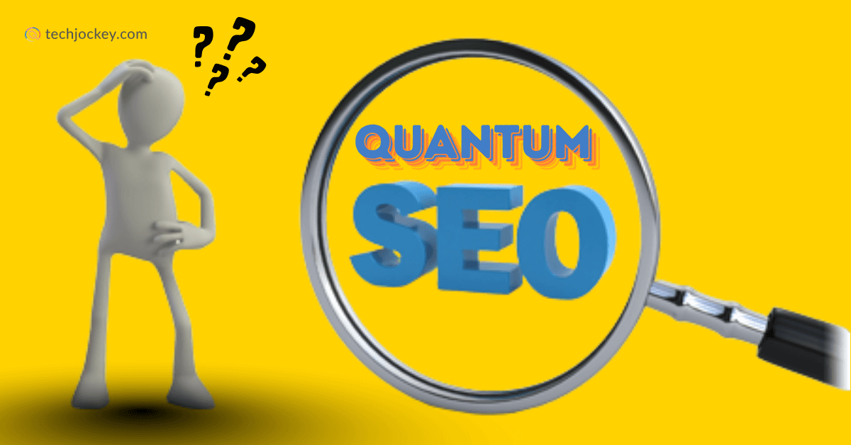 Illustration of a confused figure with question marks beside a magnifying glass focusing on the text Quantum SEO on a bright yellow background, representing the evolving future of search engine optimization