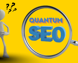 Illustration of a confused figure with question marks beside a magnifying glass focusing on the text Quantum SEO on a bright yellow background, representing the evolving future of search engine optimization