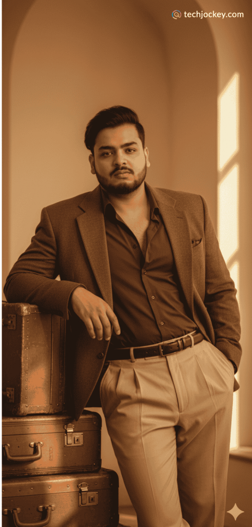 A man in formal attire poses indoors beside a stack of vintage suitcases. He is wearing a brown blazer over a dark shirt, paired with pleated beige trousers and a belt, standing with one hand resting on the luggage and the other in his pocket. Warm sepia lighting adds a retro aesthetic.
