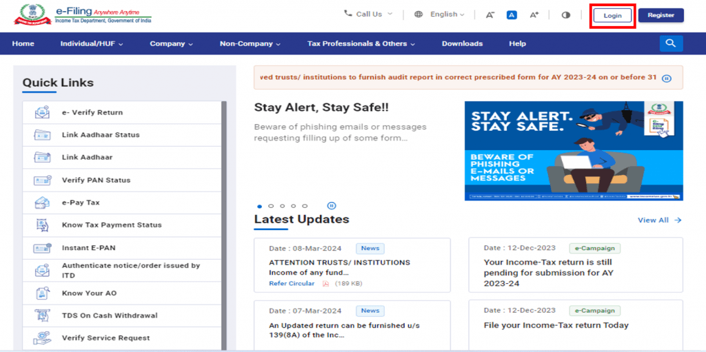 Screenshot displaying navigation on the Indian income tax portal, where the user selects 'e-File', then 'Income Tax Returns', and clicks on 'File Income Tax Return' from the dropdown menu