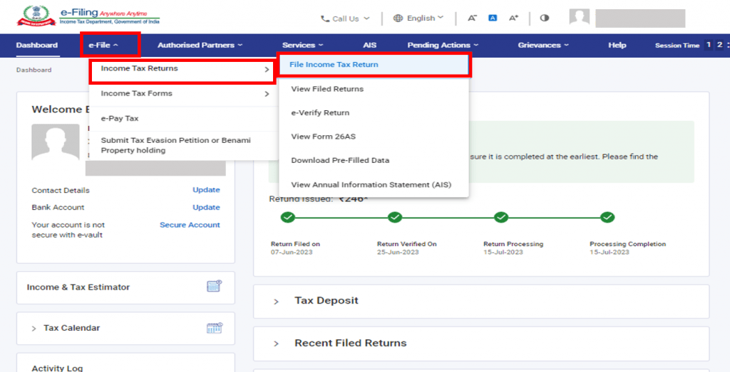 Homepage of the Indian Income Tax e-Filing portal featuring quick links for tax-related actions such as e-Verify Return, Link Aadhaar, Verify PAN Status, e-Pay Tax, and a login button highlighted in the top right corner