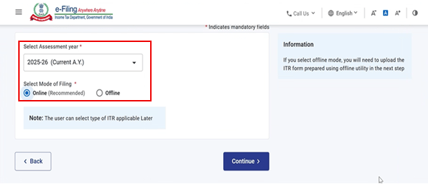 Screen showing the Income Tax Return draft page for the Indian e-Filing portal, displaying options to resume pending draft of ITR-4 for the assessment year 2025-26 or to start a fresh income tax return