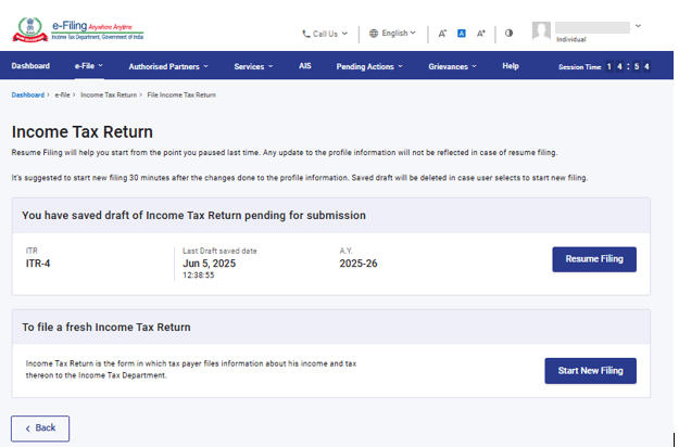 Portal screen for selecting assessment year and mode of filing, showing fields for assessment year 2025-26 and options for online or offline income tax return filing.
