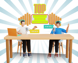 Illustration of two cartoon-style podcasters wearing headphones and speaking into microphones at a desk, with text 'Top Podcast Editing Software' and techjockey.com branding in the corner