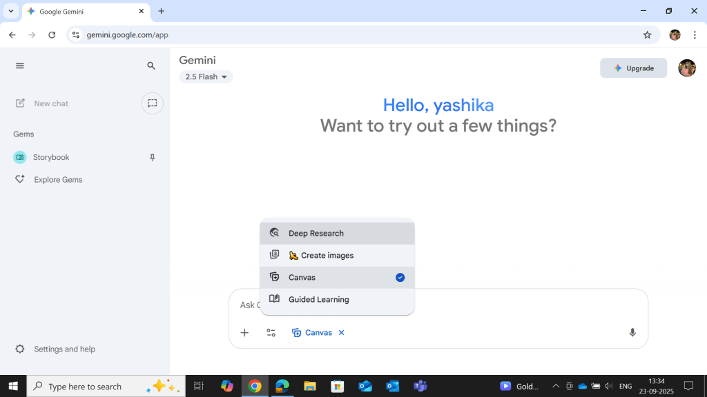 Google Gemini interface showing options like Deep Research, Create Images, Canvas, and Guided Learning, with user greeting on the screen.
