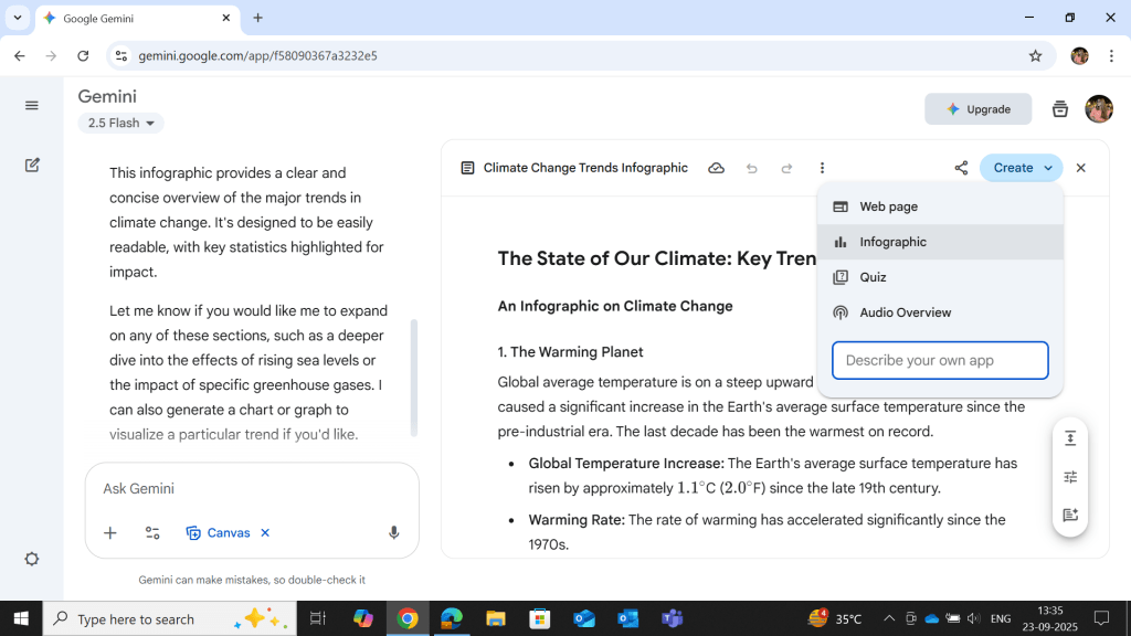 Google Gemini workspace generating a climate change infographic titled 'The State of Our Climate,' with options to create as web page, infographic, quiz, or audio overview.