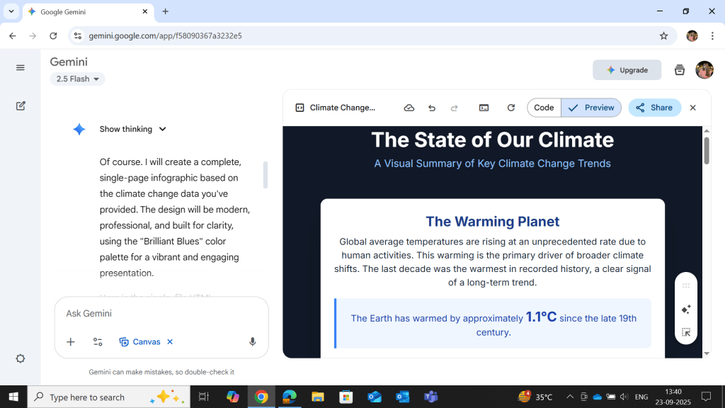 Screenshot of Google Gemini interface showing an infographic titled “The State of Our Climate” with sections on global warming, highlighting that the Earth has warmed by approximately 1.1°C since the late 19th century