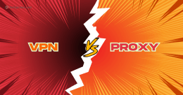 A split graphic with comic-style lines: left side in dark red labeled VPN, right side in orange labeled PROXY, separated by a jagged white line with VS in the center. A small techjockey.com watermark appears in the top left corner.