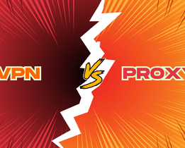 A split graphic with comic-style lines: left side in dark red labeled VPN, right side in orange labeled PROXY, separated by a jagged white line with VS in the center. A small techjockey.com watermark appears in the top left corner.