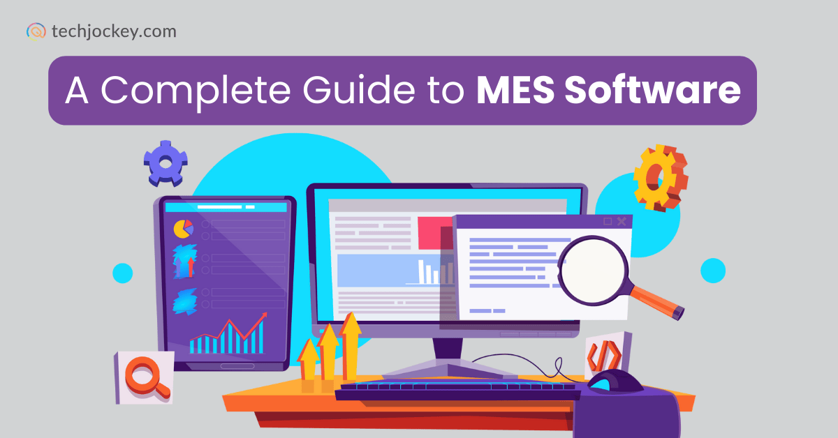 Advertisement-style banner on MES software featuring modern factory automation graphics, digital workflows, and technology elements
