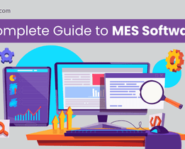 Advertisement-style banner on MES software featuring modern factory automation graphics, digital workflows, and technology elements