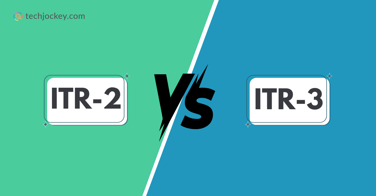 ITR-2 has a green background, ITR-3 has a blue background, and the Techjockey.com logo appears at the top left