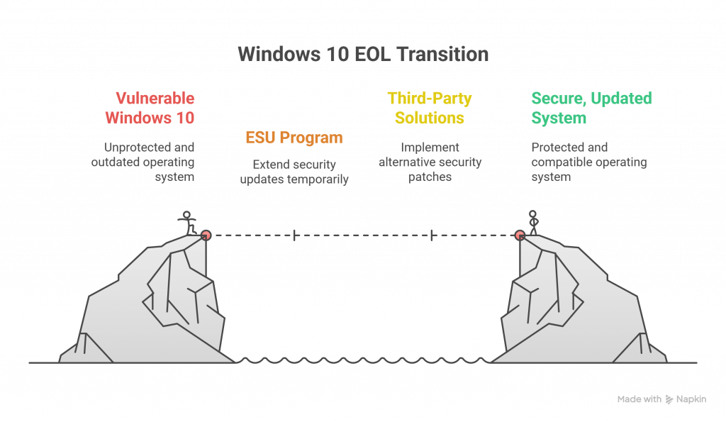 Infographic depicting Windows 10 End of Life transition: left: Vulnerable Windows 10 (outdated/unprotected); center: ESU Program & third-party security solutions; right: Secure, Updated System (protected and compatible); dotted line illustrates the upgrade path.