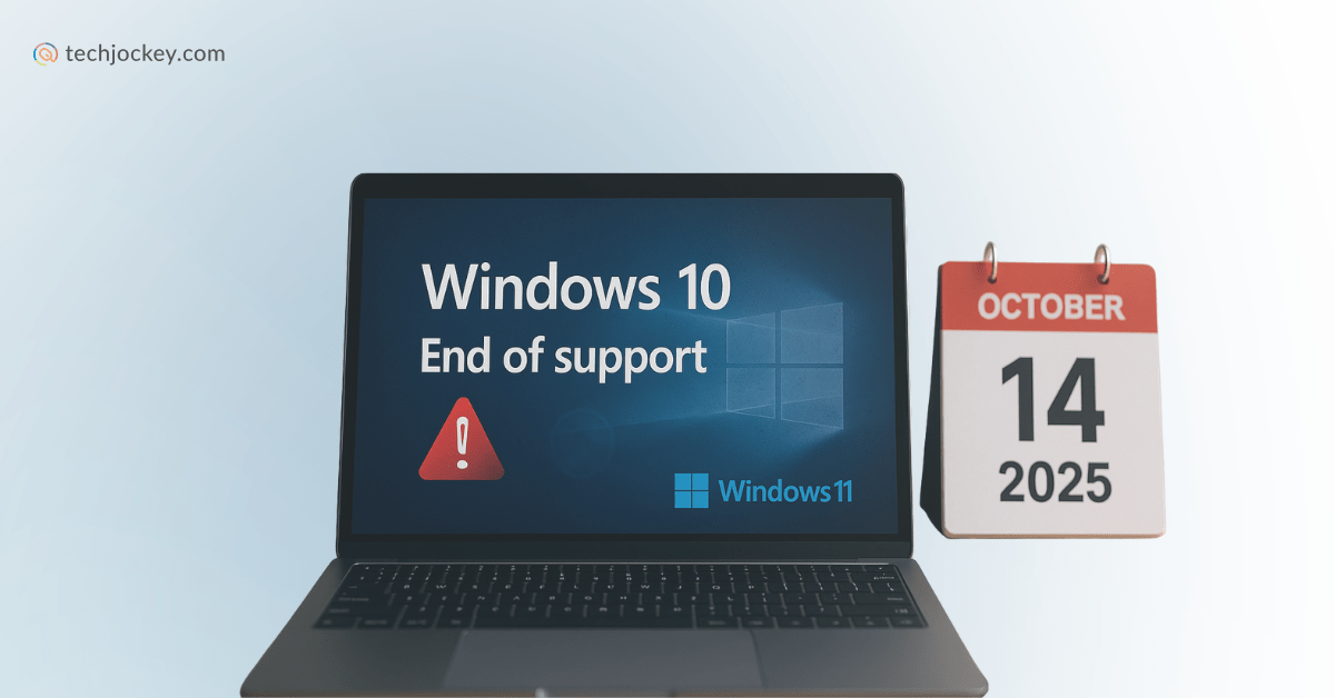 A laptop shows a warning Windows 10 End of Support with a red alert and Windows 11 logo, next to a calendar displaying October 14, 2025, with the Techjockey.com logo in the top left.