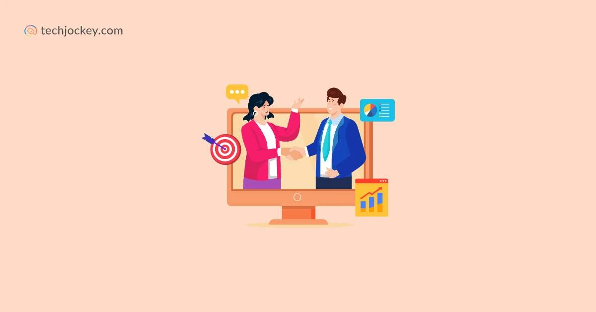 Illustration of a man and woman shaking hands with business analytics icons including a target and chart, on a peach background with techjockey.com branding.