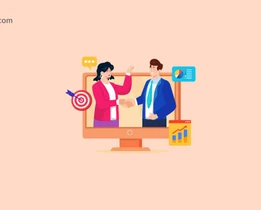 Illustration of a man and woman shaking hands with business analytics icons including a target and chart, on a peach background with techjockey.com branding.