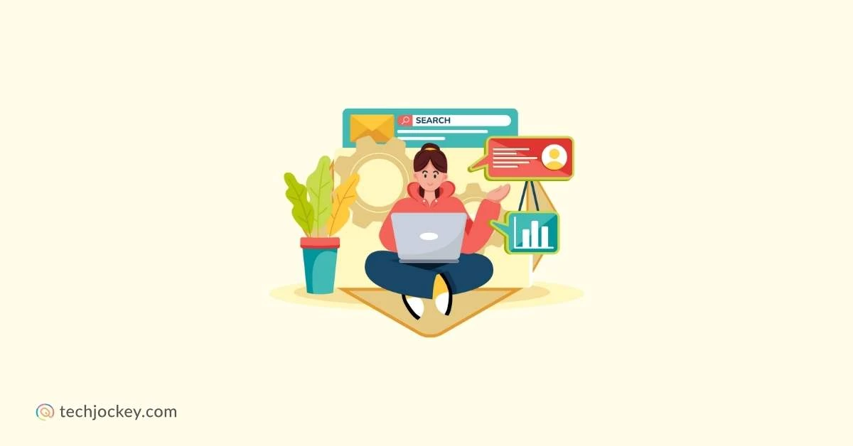 A person sitting cross-legged with a laptop, surrounded by digital icons such as a search bar, a plant, gear illustration, chat bubbles, and stats graphics, representing online research or SEO work for techjockey.com.