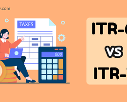 Illustration comparing ITR-6 vs ITR-7 income tax return forms, showing a woman with a laptop, a large calculator, and tax documents in the background.