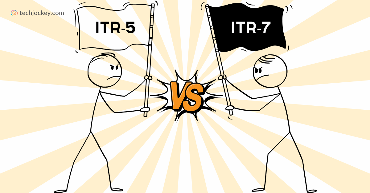 Illustration of two stick figures holding flags labeled ITR-5 and ITR-7, facing off with a VS sign in the center.