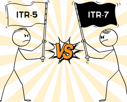 Illustration of two stick figures holding flags labeled ITR-5 and ITR-7, facing off with a VS sign in the center.