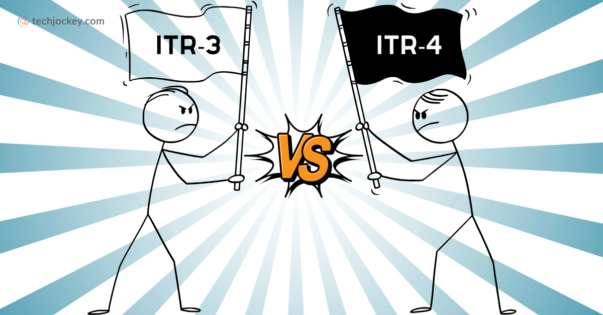 Two stick figures holding flags labeled ITR-3 and ITR-4 face off angrily, with a bold VS icon between them and rays emanating outward, illustrating a comparison or conflict between the two tax return forms.