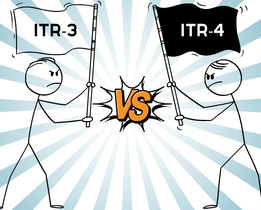 Two stick figures holding flags labeled ITR-3 and ITR-4 face off angrily, with a bold VS icon between them and rays emanating outward, illustrating a comparison or conflict between the two tax return forms.