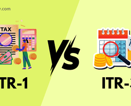 Comparison graphic showing ITR-1 versus ITR-3 for income tax filing, with illustrations of documents, calculator, magnifying glass, money, and tax forms, and techjockey.com branding at the top