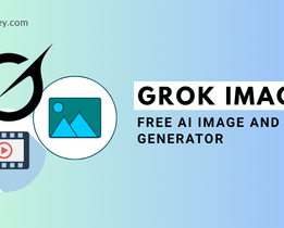 Promotional banner for Grok Imagine, a free AI image and video generator, featuring techjockey.com branding, stylized logo, and icons representing image and video creation on a blue-green gradient background.