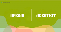 Graphic banner with OPENAI and AGENTKIT written in bold white text separated by a vertical line on an olive green background with abstract, multicolored wave patterns at the bottom and techjockey.com branding in the top left corner.