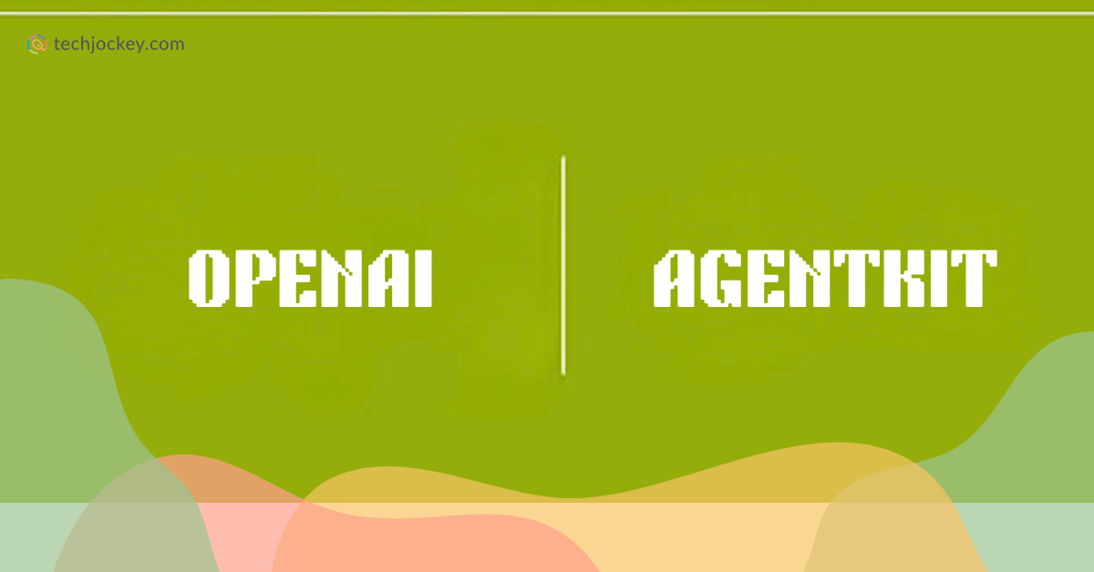 Graphic banner with OPENAI and AGENTKIT written in bold white text separated by a vertical line on an olive green background with abstract, multicolored wave patterns at the bottom and techjockey.com branding in the top left corner.