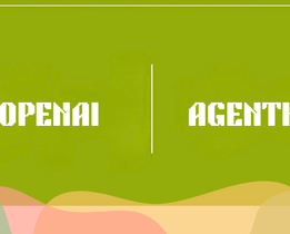 Graphic banner with OPENAI and AGENTKIT written in bold white text separated by a vertical line on an olive green background with abstract, multicolored wave patterns at the bottom and techjockey.com branding in the top left corner.
