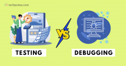 Graphic comparing testing and debugging processes, with visuals of a person testing on the left and a computer showing a bug on the right, separated by a VS symbol