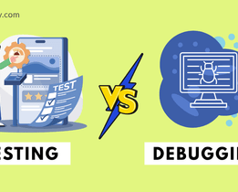 Graphic comparing testing and debugging processes, with visuals of a person testing on the left and a computer showing a bug on the right, separated by a VS symbol