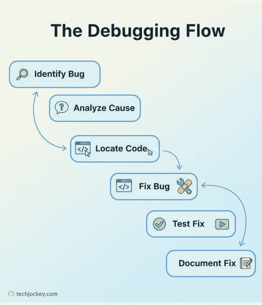 Debugging Flow diagram with six sequential steps: Identify Bug, Analyze Cause, Locate Code, Fix Bug, Test Fix, and Document Fix, each represented by labeled icons and connected with arrows to show the process order.Alt text: Diagram of the debugging flow process, showing steps: Identify Bug, Analyze Cause, Locate Code, Fix Bug, Test Fix, and Document Fix, each with an icon and connected by arrows indicating the sequential order.