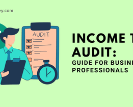 Illustration for an income tax audit guide, featuring a person holding a clipboard, a checklist labeled Audit, a clock, and a large rupee symbol, with the text: INCOME TAX AUDIT: GUIDE FOR BUSINESSES & PROFESSIONALS.