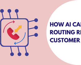 A digital illustration showing a microchip with a red phone icon and directional arrows inside, symbolizing automated call routing, next to bold text reading How AI Call Routing Reduces Customer Time on a pink and white background.