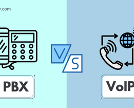 A comparison graphic with a PBX desk phone icon on a light blue background and a VoIP phone with global connectivity icon on a darker blue background, separated by a VS symbol, labeled PBX on the left and VoIP on the right, showing the contrast between traditional PBX and internet-based VoIP phone systems.