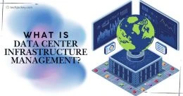 Illustration showing a globe on top of a server stack with digital analytics graphs displayed on screens, accompanied by the text: What is Data Center Infrastructure Management? on a blue and pink abstract background.Illustration showing a globe on top of a server stack with digital analytics graphs displayed on screens, accompanied by the text: What is Data Center Infrastructure Management? on a blue and pink abstract background.