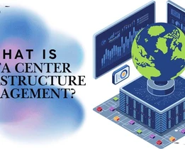 Illustration showing a globe on top of a server stack with digital analytics graphs displayed on screens, accompanied by the text: What is Data Center Infrastructure Management? on a blue and pink abstract background.Illustration showing a globe on top of a server stack with digital analytics graphs displayed on screens, accompanied by the text: What is Data Center Infrastructure Management? on a blue and pink abstract background.