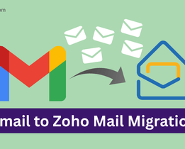 Graphic illustration of Gmail to Zoho Mail migration, featuring a Gmail logo, an arrow with email icons, and a Zoho Mail logo, with a banner text Gmail to Zoho Mail Migration