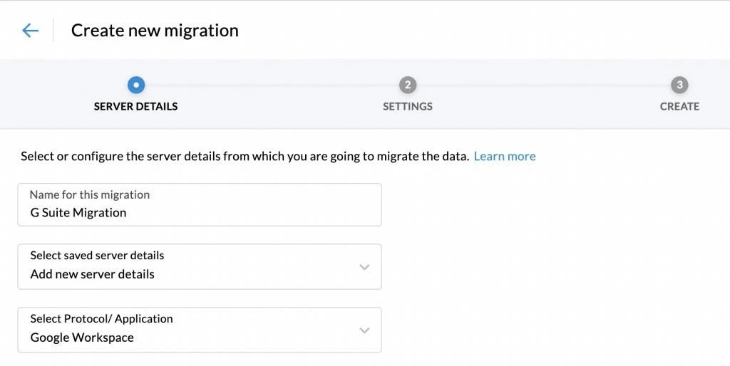 Screenshot of the Create new migration interface for G Suite Migration, showing fields for migration name, server details, and protocol/application selection.