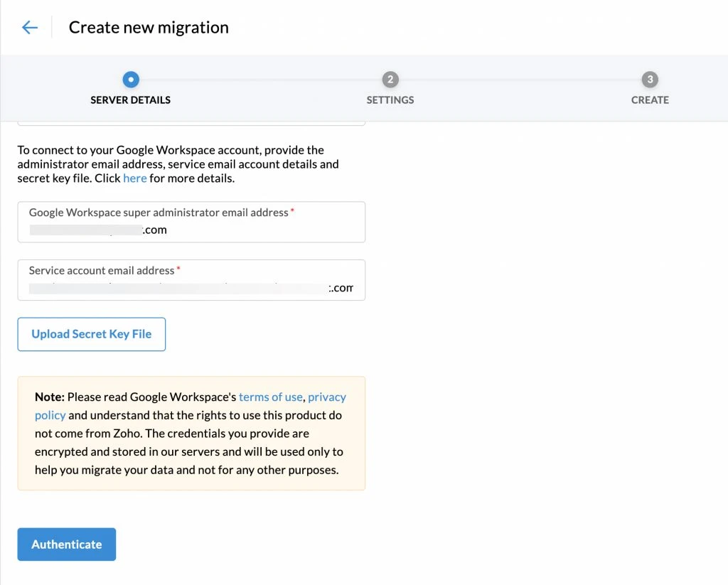 Screenshot of Google Workspace migration authentication page, where administrator and service account email addresses are entered, secret key file uploaded, and an authentication button is available.