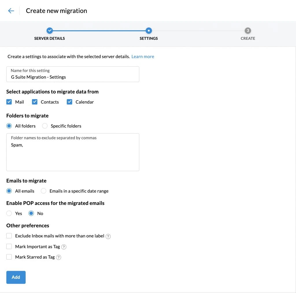 Screenshot of the migration settings configuration, displaying options to select applications to migrate, folders to include or exclude, email date range, POP access, and additional migration preferences.