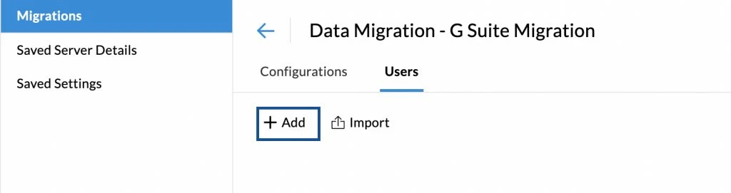 Screenshot of the Zoho Admin Console main page for Data Migration, displaying options for starting data migration and an explanatory note about migrating emails, contacts, and other data from previous servers.