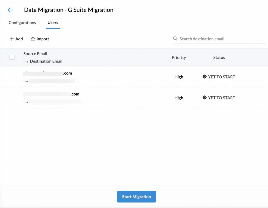 Screenshot of the migration process showing users with their source and destination email addresses, migration priority status set to high, and status as yet to start.